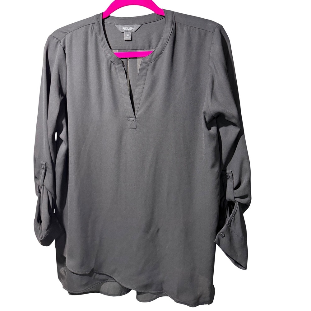 Vera Wang Women Black Roll Tab Sleeve Split Neck Blouse Top Medium Career Flowy